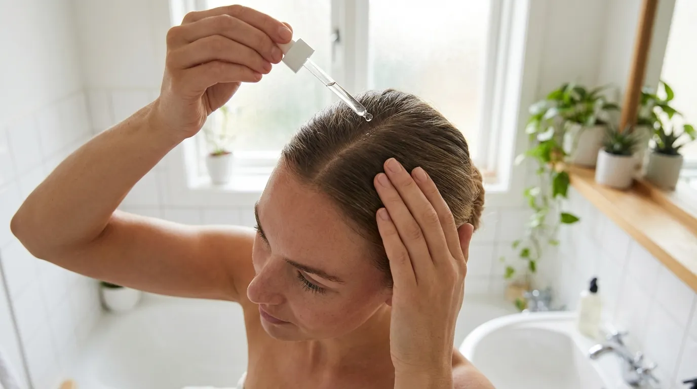 Patient applying topical hair treatment