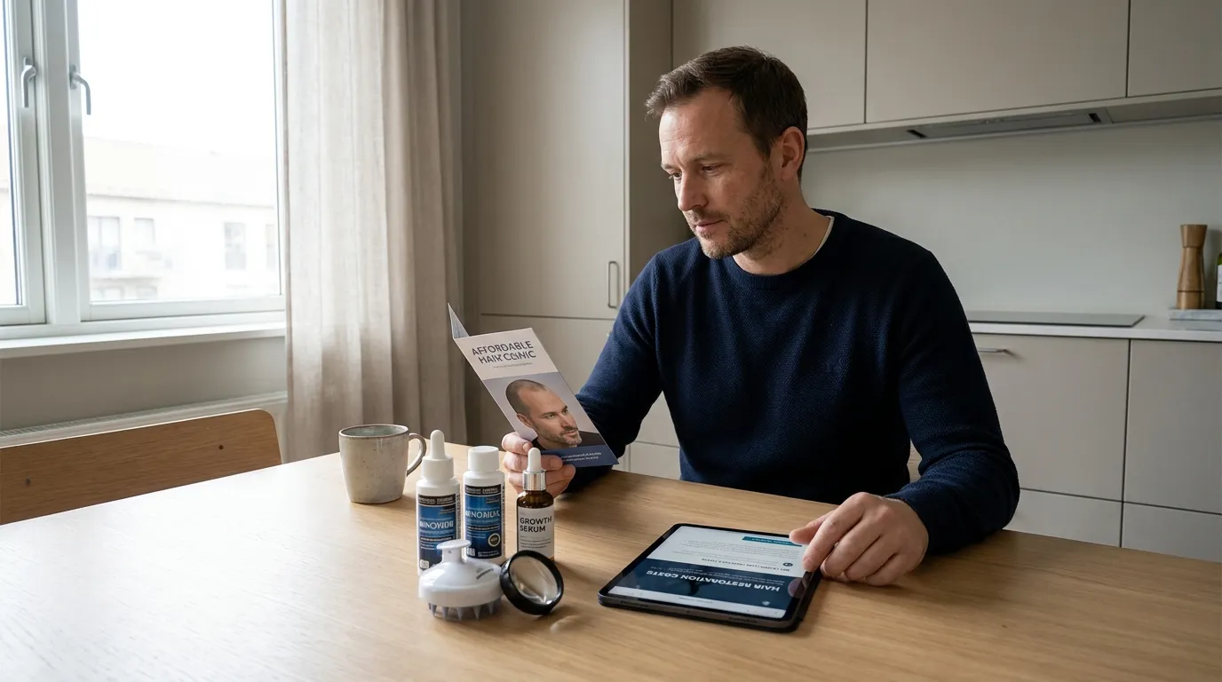 Person reviewing hair regrowth treatment options at home